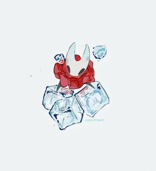 1girl arthropod_girl artist_name cloak commentary film_grain full_body halftone hashtag-only_commentary highres hightguy hollow_knight hornet_(hollow_knight) horns ice ice_cube red_cloak simple_background solo standing white_background
