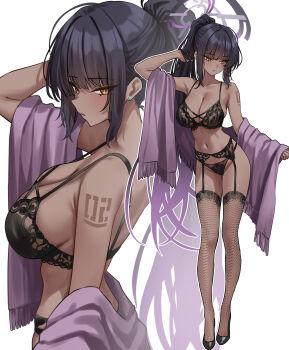 Rule 34 | 1girl, absurdres, alternate costume, arm up, black bra, black garter belt, black hair, black panties, black shoes, black thighhighs, blue archive, blush, bra, breasts, cleavage, closed mouth, commentary, dark-skinned female, dark skin, earrings, fishnet thighhighs, fishnets, full body, garter belt, halo, highres, jewelry, karin (blue archive), large breasts, lingerie, long hair, looking at viewer, looking to the side, multicolored hair, multiple views, navel, panties, ponytail, purple hair, purple halo, shigure s, shoes, shoulder tattoo, sidelocks, simple background, solo, standing, stomach, stud earrings, tattoo, thighhighs, thighs, underwear, white background, yellow eyes