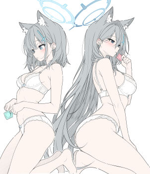 2girls absurdres blue_archive blue_eyes blue_halo bra breasts cleavage commentary condom condom_wrapper cross_hair_ornament grey_hair hair_ornament halo highres holding holding_condom kneeling large_breasts long_hair medium_breasts medium_hair multiple_girls panties shiroko_(blue_archive) shiroko_terror_(blue_archive) simple_background symbol-only_commentary t1kosewad underwear underwear_only very_long_hair white_background white_bra white_panties