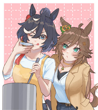 Rule 34 | :p, ahoge, animal ears, apron, arms behind back, belt, black bra, black hair, blue eyes, blush, blush stickers, bow, bra, breasts, brown hair, brown jacket, cleavage, collarbone, commentary, cooking, denim, denim shorts, diamond necklace, ear bow, ear ornament, ear ribbon, ear wiggle, gem, gold necklace, green bow, green eyes, green gem, green ribbon, hair ornament, hairclip, highres, holding, holding ladle, horse ears, horse girl, horse tail, jacket, jewelry, katsuragi ace (umamusume), ladle, leaning in, licking lips, looking at another, mr. c.b. (casual) (umamusume), mr. c.b. (umamusume), multicolored hair, multiple hair clips, necklace, o3o, one eye closed, parallel hairclips, patterned background, pink background, plate, ribbon, shirt, shorts, simple background, songdu, soup ladle, stock pot, streaked hair, t-shirt, tail, tail raised, tail wagging, tassel, tassel hair ornament, tasting, tasting plate, tongue, tongue out, umamusume, underwear, white hair, white shirt, white streaks, yellow apron, yellow jacket