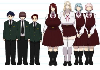3boys 4girls absurdres blonde_hair blue_hair breasts comparison curvy closed_eyes highres huge_breasts kakuzatou_(satousatotototo) long_hair looking_at_viewer mole mole_under_mouth multiple_boys multiple_girls pink_hair plump red_eyes red_hair school_uniform short_hair siblings size_chart size_difference smile socks standing thick_thighs thighhighs thighs twins wide_hips yellow_eyes