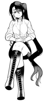 Rule 34 | 1girl, boots, breasts, closed mouth, collared shirt, commentary request, crossed legs, greyscale, hair between eyes, higaragi, highres, invisible chair, kantai collection, lace-up boots, long hair, looking at viewer, monochrome, nachi (kancolle), own hands together, pencil skirt, shirt, side ponytail, simple background, sitting, skirt, solo, very long hair