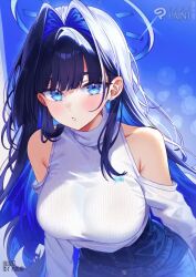 1girl animated artist_name blue_background blue_eyes blue_hair blue_pants blush breasts by_mirin center-flap_bangs clip_studio_paint_(medium) clothing_cutout denim earrings glint hair_intakes halo high-waist_pants hololive hololive_english jeans jewelry large_breasts leaning_forward lineart long_hair long_sleeves looking_at_viewer making-of monochrome official_alternate_costume ouro_kronii ouro_kronii_(casual) pants parted_lips ribbed_shirt shirt shirt_tucked_in shoulder_cutout simple_background sketch solo stud_earrings teeth turtleneck turtleneck_shirt upper_body very_long_hair video virtual_youtuber white_background white_shirt