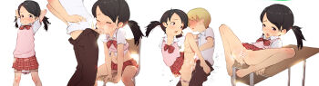 1boy 1girl absurdres after_vaginal aftersex arms_behind_head bar_censor barefoot black_hair blonde_hair bow censored chair kodomo_doushi cleft_of_venus closed_eyes clothed_sex clothes_lift cum cum_in_mouth cum_in_pussy cumdrip desk diathorn feet fellatio full_body heavy_breathing hetero highres loli looking_at_viewer lying multiple_views on_back open_mouth oral original panties panties_around_leg panty_pull penis pink_vest plaid_clothes plaid_skirt pussy school_desk school_uniform sex shirt short_sleeves simple_background sitting skirt skirt_lift spread_legs standing twintails underwear vest white_background white_shirt