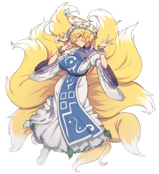 Rule 34 | 1girl, absurdres, animal hat, blonde hair, blush, breasts, closed mouth, dress, fox shadow puppet, fox tail, full body, hat, highres, kitsune, kyuubi, large breasts, long sleeves, looking at viewer, mob cap, multiple tails, nyong nyong, short hair, simple background, smile, socks, solo, tabard, tail, touhou, white background, white dress, white hat, white socks, wide sleeves, wrist cuffs, yakumo ran