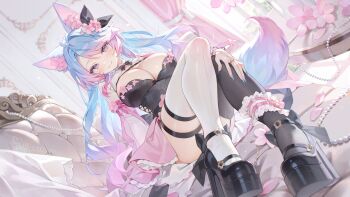 1girl absurdres alllisso animal_ears black_boots black_shirt black_thighhighs blue_hair boots breasts cleavage closed_mouth commentary convenient_leg dutch_angle gradient_hair high_heel_boots high_heels highres indie_virtual_youtuber knees_up large_breasts long_hair long_sleeves looking_at_viewer miniskirt multicolored_hair nail_polish pink_hair pink_skirt purple_eyes shirt silvervale skirt smile solo tail thighhighs two-tone_hair untranslatable_commentary very_long_hair virtual_youtuber white_thighhighs wolf_ears wolf_girl wolf_tail