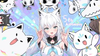 <o>_<o> 2girls :3 :d ahoge animal_ear_fluff animal_ears anniversary blue_background blue_neckerchief blush braid breasts character_request collarbone commentary detached_sleeves double_fox_shadow_puppet drawstring earrings english_text fox fox_ears fox_girl fox_shadow_puppet fox_tail fubuchun fubuzilla_(shirakami_fubuki) green_eyes hair_between_eyes hand_up hands_up head_tilt highres hololive hood hoodie jewelry kumarang kurokami_fubuki long_hair long_sleeves looking_at_viewer medium_breasts miteiru_(shirakami_fubuki) multiple_girls neckerchief nejima_kitsune_(shirakami_fubuki) open_mouth oruyanke_(shirakami_fubuki) paw_print shirakami_fubuki shirakami_fubuki_(1st_costume) side_braid single_braid single_earring smile solid_oval_eyes star_(symbol) sukonbu_(shirakami_fubuki) tail teeth upper_body upper_teeth_only virtual_youtuber white_hair white_hoodie