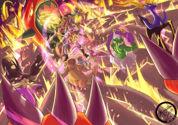 absurdres antlers arm_up blonde_hair bracelet claws colored_sclera commentary crack dated debris english_commentary gen_1_pokemon gen_3_pokemon gen_5_pokemon gen_6_pokemon gen_7_pokemon glowing groudon highres horns jewelry kangaskhan kommo-o legendary_pokemon mawile mega_kangaskhan mega_mawile mega_pokemon mochachiiino muscular nintendo open_mouth outstretched_arm pokemon pokemon_(creature) primal_groudon purple_shirt shirt shoes short_hair short_sleeves shorts signature standing t-shirt tongue tornadus tornadus_(incarnate) white_eyes xerneas yellow_sclera z-crystal