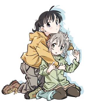 2girls black_hair black_pantyhose boots brown_boots chin_rest drop_shadow flask00 full_body green_boots green_eyes green_jacket grey_hair grey_pants hair_ornament hairclip hand_on_another's_head head_on_head head_rest jacket kneeling kuraue_hinata long_sleeves looking_at_viewer multiple_girls open_mouth pants pantyhose purple_eyes short_hair simple_background sitting twintails white_background yama_no_susume yellow_jacket yukimura_aoi