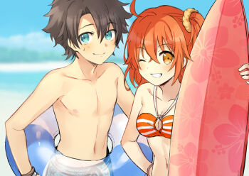 1boy 1girl ahoge bikini black_hair blue_eyes bracelet breasts chocomirukuaji cleavage cleavage_cutout clothing_cutout commentary english_commentary fate/grand_order fate_(series) fujimaru_ritsuka_(female) fujimaru_ritsuka_(female)_(brilliant_summer) fujimaru_ritsuka_(male) fujimaru_ritsuka_(male)_(brilliant_summer) grin hair_ornament hair_scrunchie innertube jewelry medium_breasts navel one_eye_closed one_side_up orange_bikini orange_hair raised_eyebrows scrunchie smile striped_bikini striped_clothes surfboard sweatdrop swim_ring swimsuit topless_male