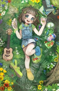 1girl bandaid bandaid_on_leg blue_nails blue_overalls blue_socks blush brown_hair child commentary crocs english_text freckles frog_hair_ornament full_body girutea green_nails green_shirt hair_ornament highres indie_virtual_youtuber instrument japanese_text lily_hopkins looking_at_viewer lying mismatched_socks multicolored_nails on_back overalls shirt short_hair socks solo teeth ukulele upper_teeth_only virtual_youtuber yellow_socks