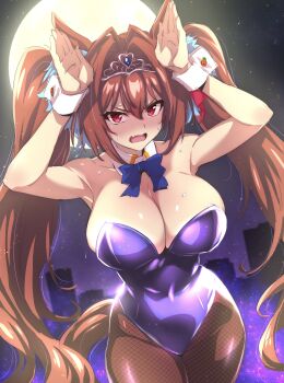 Rule 34 | 1girl, absurdres, animal ears, bare shoulders, blush, bow, bowtie, breasts, commentary request, covered navel, daiwa scarlet (umamusume), detached collar, fake animal ears, fang, fishnet pantyhose, fishnets, hair intakes, highleg, highleg leotard, highres, horse ears, horse girl, horse tail, large breasts, leotard, long hair, looking at viewer, moon, nakahira guy, nontraditional playboy bunny, open mouth, pantyhose, purple leotard, rabbit pose, red eyes, skin fang, solo, strapless, strapless leotard, tail, tiara, traditional bowtie, twintails, umamusume, wrist cuffs