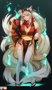 Rule 34 | 1girl, absurdres, animal ears, bare shoulders, black background, black kimono, black panties, blonde hair, blush, breasts, character request, cleavage, detached sleeves, facial mark, fire, floral print, forehead mark, fox ears, fox girl, full body, goggles, goggles on head, green eyes, green fire, highres, hitodama, japanese clothes, jingle bell earrings, kimono, kitsune, kobi420, kyuubi, large breasts, long hair, looking at viewer, multiple tails, nail polish, panties, red kimono, red nails, sandals, sash, side slit, simple background, smile, solo, tail, thighhighs, two-tone kimono, underwear, white thighhighs, yellow sash