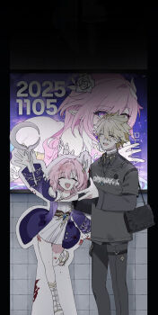 1boy 1girl 2025 :d ^_^ absurdres ad alternate_costume arm_up bag bare_shoulders black_bag black_pants black_shirt blonde_hair blood blood_on_object cardboard_cutout ceremonial_blade_(honkai:_star_rail) closed_eyes clothes_writing crescent_sword cross cross_necklace cyrene_(aedes_elysiae)_(honkai:_star_rail) cyrene_(honkai:_star_rail) cyrene_(ripples_of_past_reverie)_(honkai:_star_rail) dark dress dual_persona facing_viewer flower gladiator_sandals hair_flower hair_intakes hair_ornament height_difference highres holding holding_sword holding_weapon honkai:_star_rail honkai_(series) horror_(theme) indoors jacket jewelry layered_sleeves leg_up long_hair long_sleeves looking_at_viewer loose_clothes loose_shirt medium_hair meta microdress multicolored_eyes multicolored_hair multiple_necklaces necklace open_clothes open_jacket open_mouth pants phainon_(honkai:_star_rail) phainon_(khaslana)_(honkai:_star_rail) pillarboxed pink_hair pointy_ears poster_(object) purple_eyes purple_jacket rainbow_eyes rose runes sandals satchel shirt shirt_under_shirt short_hair short_over_long_sleeves short_sleeves shoulder_bag single_hair_streak sleeve_garter smile standing standing_on_one_leg streaked_hair subway_station sweetpoyu sword symbol_in_eye thigh_gap thigh_strap tile_wall tiles timestamp two-tone_hair untucked_shirt very_short_hair weapon white_dress white_flower white_rose white_streaks wing_collar