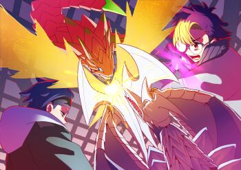 Rule 34 | 2boys, absurdres, armalizamon, azhdarmon, battle, black hairband, black jacket, blonde hair, blue hair, commentary request, digimon, digimon (creature), digimon beatbreak, dinosaur, dual wielding, energy blade, glowing, hairband, hasegawa (hase popopo), highres, holding, jacket, lizard, male focus, multiple boys, purple eyes, round eyewear, short hair, souda raito, tenma tomoro, white jacket