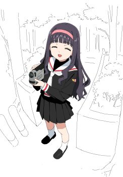 1girl absurdres agrafl black_hair black_serafuku black_shirt black_shoes black_skirt camera cardcaptor_sakura cat child closed_eyes daidouji_tomoyo hairband highres holding holding_camera long_hair long_sleeves necktie open_mouth pleated_skirt sailor_collar school_uniform serafuku shirt shoes skirt socks tomoeda_elementary_school_uniform tree video_camera white_necktie white_sailor_collar white_socks