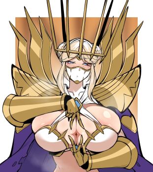 1girl armor blonde_hair blue_eyes blush bra breasts cape cero_rains crown digimon gauntlets grabbing_own_breast half-closed_eyes headgear highres huge_breasts junomon long_hair looking_at_viewer mask mouth_mask paizuri_invitation purple_cape shoulder_armor solo steam underwear white_bra