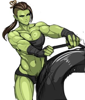 1girl abs arm_wrap blue_eyes breasts colored_skin exercising green_skin large_breasts long_hair muscular muscular_female nisetanaka orc original pointy_ears ponytail shaved_head solo sweat tusks weightlifting white_background