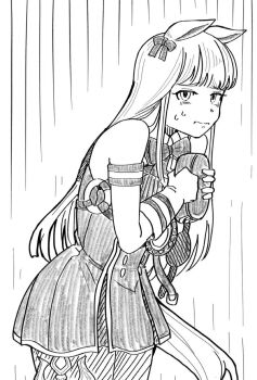 Rule 34 | 1girl, animal ears, armband, blunt bangs, bow, bowtie, breasts, commentary request, dress, ear bow, ear ribbon, gloves, gold ship (red strife) (umamusume), gold ship (umamusume), grey hair, hat, highres, horse ears, horse girl, horse tail, horseshoe ornament, hu-min (okok6341), long hair, looking at viewer, monochrome, pillbox hat, solo, striped armband, striped clothes, tail, umamusume