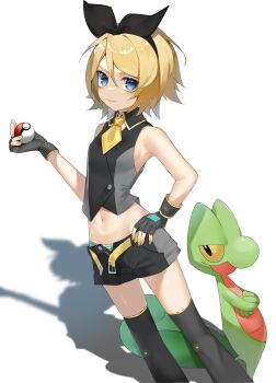 1girl absurdres ascot black_hairband black_shirt black_socks blonde_hair blue_eyes closed_mouth crossover eyelashes gen_3_pokemon hair_between_eyes hairband highres kagamine_rin midriff navel nintendo open_fly panties panty_peek poke_ball poke_ball_(basic) pokemon pokemon_(creature) reirou_(chokoonnpu) shirt short_hair socks striped_clothes striped_panties treecko underwear vocaloid yellow_ascot