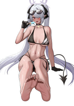 1girl absurdres bikini black_bikini black_choker black_gloves black_tail blue_archive breasts choker commentary dark-skinned_female dark_skin demon_tail eyewear_on_head gloves grey_hair hair_over_one_eye halo highres iori_(blue_archive) iori_(swimsuit)_(blue_archive) long_hair medium_breasts official_alternate_costume official_alternate_hairstyle pointy_ears purple_halo red_eyes sharp_tail sunglasses swimsuit tail tenma_(0209) thigh_strap tongue tongue_out twintails very_long_hair