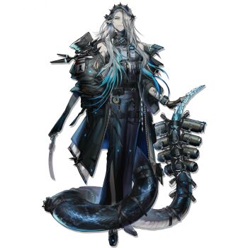 1girl ammunition_pouch arknights banban_(vvvviiiiiia) black_coat black_nails black_shoes blue_hair blue_theme closed_mouth coat fingerless_gloves full_body gloves grey_hair hair_over_one_eye hand_on_own_tail highres infection_monitor_(arknights) legs_together load_bearing_vest long_hair long_tail mantra_(arknights) official_art old old_woman one_eye_covered pants pointy_ears pouch rattlesnake rhodes_island_logo_(arknights) rhodes_island_uniform shirt shoes side_slit side_slit_pants simple_background sleeveless sleeveless_shirt sleeveless_turtleneck snake_girl snake_tail solo standing tachi-e tactical_clothes tail third-party_source transparent_background turtleneck turtleneck_shirt very_long_hair walkie-talkie