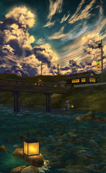 2girls absurdres apuchi_tochi bridge brown_hair cloud cloudy_sky evening fantasy grass guard_rail highres holding holding_lantern lantern multiple_girls original paper_lantern power_lines railing river riverbank scenery sky standing sunset traffic_light utility_pole warm_colored wooden_bridge