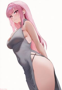 1girl arms_behind_back blush commentary dress grey_dress highres hololive hololive_english kguy1920 long_hair mori_calliope nervous nervous_sweating pink_eyes pink_hair side_slit solo sweat white_background