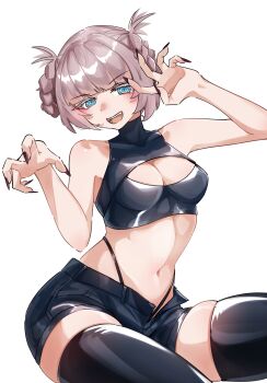 Rule 34 | 1girl, absurdres, black shirt, black shorts, black thighhighs, blue eyes, breasts, brown hair, cleavage, cowboy shot, cropped shirt, highres, jape (ja pehhhh), nanakusa nazuna (yofukashi no uta), navel, ringed eyes, shirt, shorts, simple background, small breasts, thighhighs, thong, whale tail (clothing), white background, yofukashi no uta