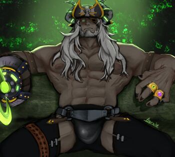 1boy abs afk_(series) afk_journey artist_name bara beard bonewine_(ta46161722) bulge closed_mouth commentary dark-skinned_male dark_skin english_commentary eyepatch facial_hair green_eyes highres hodgkin_(afk) hook_hand horns jewelry looking_at_viewer male_focus multiple_rings muscular muscular_male nipples pectorals ring sitting topless_male white_hair
