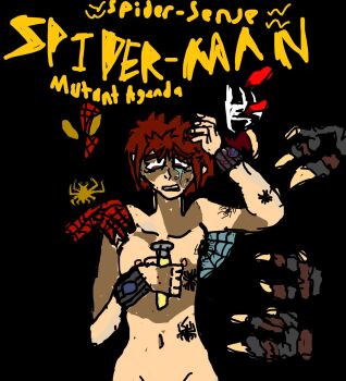 brown_eyes brown_hair bug commentary completely_nude crying crying_with_eyes_open dark_background distress english_commentary hand_in_own_hair hand_on_another's_shoulder highres holding holding_vial man-spider marvel nipples non-web_source nude out_of_frame peter_parker silk spider spider-man spider-man_(series) spider_web tears tears_from_one_eye trap vial web_shooter