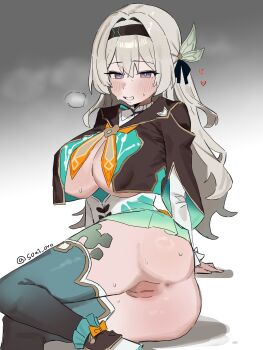 1girl absurdres alternate_breast_size_(larger) anus aqua_dress artist_name ass black_hairband black_ribbon black_thighhighs blue_eyes blue_pupils blue_thighhighs bow breasts brown_jacket crossed_bangs dress empty_eyes feet_out_of_frame firefly_(honkai:_star_rail) gradient_background gradient_thighhighs grey_background grey_hair hair_between_eyes hair_ornament hair_ribbon hairband half-closed_eyes heart highres honkai:_star_rail honkai_(series) huge_breasts jacket leaf_hair_ornament long_hair long_sleeves multicolored_eyes neckerchief orange_bow orange_neckerchief puffy_long_sleeves puffy_sleeves purple_eyes pussy ribbon sailor_collar shadow shoes simple_background sitting smile soa1 solo steam sweat teeth thighhighs two-tone_dress uncensored wavy_hair white_background white_dress white_shoes