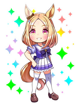 1girl animal_ears blonde_hair blush bow bowtie breasts chibi chibi_only commentary_request ear_covers ear_ornament full_body highres horse_ears horse_girl horse_tail looking_at_viewer medium_breasts narita_top_road_(umamusume) open_mouth pleated_skirt puffy_short_sleeves puffy_sleeves purple_bow purple_bowtie purple_eyes purple_shirt sailor_collar sailor_shirt school_uniform shirt shoes short_hair short_sleeves single_ear_cover skirt smile solo sugimotty_nova tail thighhighs tracen_school_uniform umamusume white_sailor_collar white_skirt white_thighhighs zettai_ryouiki