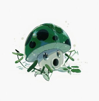 Rule 34 | artist name, commentary, full body, green eyes, hashtag-only commentary, hightguy, leaf, leaf on head, lily pad, no humans, partially submerged, plant, plants vs. zombies, sea-shroom (plants vs. zombies), solo, water, white background