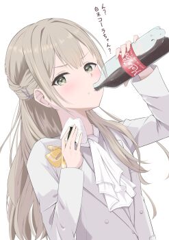 absurdres ascot asymmetrical_hair bow double-parted_bangs drinking food formal_clothes hanazono_sayaka highres hololive jacket lapels medium_skirt notched_lapels onigiri rana_0628 skirt straight-on suit suit_jacket white_ascot white_suit yellow_bow