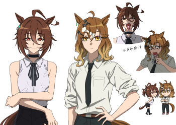 2girls agnes_tachyon_(umamusume) ahoge amai_(frfs5423) animal_ears black_choker black_necktie black_ribbon braid brown_eyes brown_hair chainsaw_man chemical_structure choker collared_shirt cosplay denji_(chainsaw_man) denji_(chainsaw_man)_(cosplay) ear_tag full_body gradient_hair hair_ornament highres horse_ears horse_girl horse_tail jungle_pocket_(umamusume) medium_hair multicolored_hair multiple_girls multiple_views necktie red_eyes reze_(chainsaw_man) reze_(chainsaw_man)_(cosplay) ribbon shirt simple_background sleeveless sleeveless_shirt sleeves_rolled_up tail upper_body white_background white_shirt