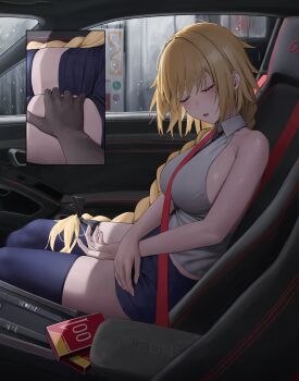 1boy 1girl armpit_crease backless_outfit backless_shirt bare_arms bare_shoulders black_bow black_necktie blonde_hair blue_shorts blue_thighhighs bow braid braided_ponytail breasts car_interior car_seat closed_eyes collared_shirt condom_box crossed_wrists dot_nose fate_(series) hair_behind_ear hair_bow hand_on_another's_thigh head_tilt highres jeanne_d'arc_(fate) jeanne_d'arc_(girl_from_orleans)_(fate) large_breasts legs_together light_blush long_braid long_hair mizoshi-x multiple_views necktie okamoto_condoms parted_lips rain seatbelt shirt short_shorts shorts sideboob single_braid sitting sleeping sleeping_upright sleeveless sleeveless_shirt solo_focus thighhighs vehicle_interior very_long_hair white_shirt