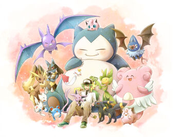 1boy animal_nose blissey chimecho clefairy crobat espeon gen_1_pokemon gen_2_pokemon gen_3_pokemon gen_4_pokemon gen_5_pokemon green_hair hat highres jigglypuff jin_akhr leavanny lopunny lucario marill n_(pokemon) nintendo pikachu pokemon pokemon_(creature) snorlax snout swoobat tail togetic umbreon
