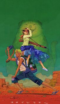 1boy 1girl animal ascot backpack bag bedroll camera cat character_request copyright_request gun highres holding holding_camera oversized_animal ramb_chop rifle sitting sitting_on_person weapon