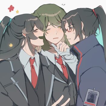 3boys 77shi_qwh91m artist_self-insert bandaged_arm bandages black_coat black_hair boy_sandwich coat collared_shirt commentary glasses green_hair half_updo highres hong_lu_(project_moon) jia_huan_(project_moon) limbus_company multiple_boys name_tag necktie oc_x_canon ophelius_(77shi_qwh91m) original ponytail project_moon red-framed_eyewear red_eyes red_necktie sandwiched shirt symbol-only_commentary yaoi
