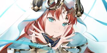 1girl aqua_eyes bad_id bad_twitter_id blue_nails bracer circlet closed_mouth forehead_jewel genshin_impact highres horns long_hair long_sleeves looking_at_viewer low_twintails nail_polish nilou_(genshin_impact) parted_bangs portrait puffy_long_sleeves puffy_sleeves red_hair simple_background smile solo twintails vambraces veil water white_background white_veil x_arms yukiusagi_(snowrabbit0508)