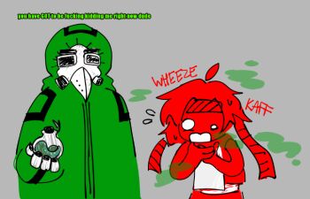 artist_request character_request colored_skin earclacks english_text flask flask_(earclacks) gas_mask hazmat_suit holding holding_flask holding_weapon mask personification red_skin speedy_(earclacks) weapon