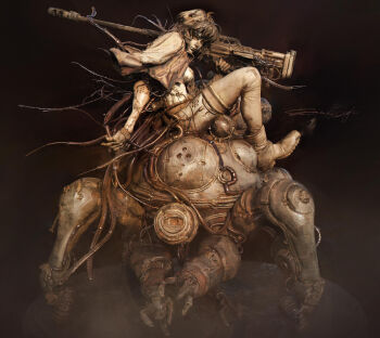 Rule 34 | 1girl, 3d, anti-materiel rifle, blender (medium), boots, breasts, cable, closed mouth, coat, coat on shoulders, commentary, cyberpunk, cyborg, dark background, dust cloud, english commentary, entei ryu, faux traditional media, full body, ghost in the shell, gun, highres, holding, holding gun, holding weapon, kusanagi motoko, making-of available, mecha, mechanical arms, medium breasts, medium hair, monochrome, non-humanoid robot, nose, rifle, robot, science fiction, signature, sitting, sitting on mecha, sniper rifle, solo, spider tank, tachikoma, turning head, walker (robot), weapon, weapon request, zbrush (medium)