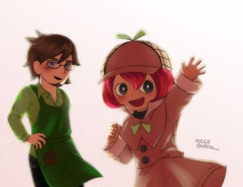 1boy 1girl 2girls :d apron black_eyes blue_eyes blush bob_cut bow bright_pupils brown_hair newsboy_cap capelet coat commentary company_connection creator_connection deerstalker detective dress facial_hair gardening_shears glasses goatee green_apron green_bow green_shirt hair_between_eyes hand_on_own_hip hat highres long_sleeves looking_at_viewer mii_(nintendo) mii_plaza miitaku mob_face mr._mendel multiple_girls mustache nintendo open_mouth pink_hair round_eyewear scissors sheila_bell shirt short_hair sidelocks simple_background skirt smile surechigai_gaden surechigai_meikyuu trench_coat waving white_background