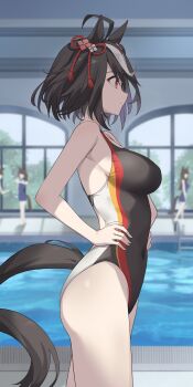 4girls ahoge animal_ears black_hair black_one-piece_swimsuit competition_swimsuit hands_on_own_hips highres horse_ears horse_girl horse_tail indoors kitasan_black_(umamusume) kouhaku_nawa multicolored_hair multicolored_swimsuit multiple_girls one-piece_swimsuit pool profnote red_eyes rope shimenawa solo_focus streaked_hair swimsuit tail umamusume