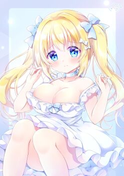 armpits arms_up ass blonde_hair blue_eyes blush breasts breasts_out chiika_(cure_cherish) cleavage collarbone commission dress frilled_dress frilled_sleeves frills hair_between_eyes hair_ornament hair_ribbon hairpin hands_up highres large_breasts blue_background long_hair looking_at_viewer medium_breasts no_bra no_panties original ribbon sitting skeb_commission solo sundress twintails very_long_hair white_dress