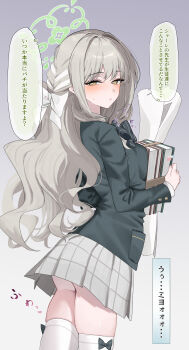 1girl absurdres black_jacket blue_archive blush book bow braid brown_eyes commentary_request grey_hair grey_skirt halo heart heart-shaped_pupils highres hugging_object jacket long_hair long_sleeves looking_at_viewer meteor_(yamashou) miyo_(blue_archive) parted_lips plaid_clothes plaid_skirt school_uniform scroll side_braid sidelocks skirt solo standing symbol-shaped_pupils thighhighs translation_request underbust white_background white_bow white_thighhighs