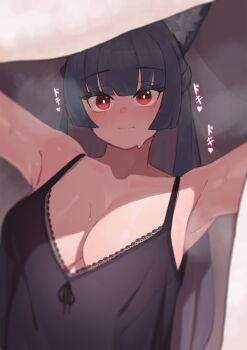 1girl alternate_costume animal_ear_fluff animal_ears aoyuzuaoyuzu armpits bare_shoulders black_hair black_nightgown blunt_bangs blush breasts cleavage closed_mouth collarbone commentary_request fox_ears fox_girl heart highres hoshimi_miyabi large_breasts long_hair nightgown red_eyes shadow solo steam steaming_body sweat upper_body zenless_zone_zero
