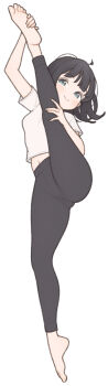 1girl 1ssakawaguchi absurdres ahoge barefoot black_leggings blush bob_cut brown_hair closed_mouth commentary english_commentary flexible full_body grey_eyes highres ichika_(1ssakawaguchi) leggings looking_at_viewer midriff_peek navel original petite shirt short_hair short_sleeves simple_background smile solo split standing standing_on_one_leg standing_split stretching t-shirt toes white_background white_shirt