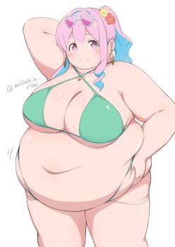 1girl absurdres arm_behind_head belly belly_grab big_belly bikini blue_hair blush breasts cleavage earrings fat fat_woman flower flower_on_head green_bikini gyaru hair_flower hair_ornament hand_on_own_stomach heart heart-shaped_eyewear highleg highleg_bikini highres hozuki_kaede huge_breasts jewelry long_hair masakin multicolored_hair navel obese onii-chan_wa_oshimai! pendant pink-tinted_eyewear pink_eyes pink_hair ponytail skindentation smile solo standing sunglasses sunglasses_on_head swimsuit thick_arms thick_thighs thighs tinted_eyewear twitter_username white-framed_eyewear white_background